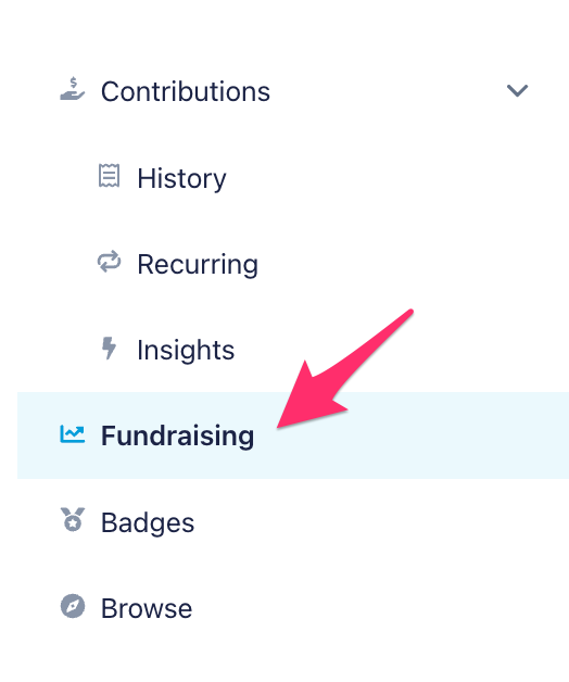 A screenshot of the left navigation bar with an arrow pointing to the Fundraising tab.
