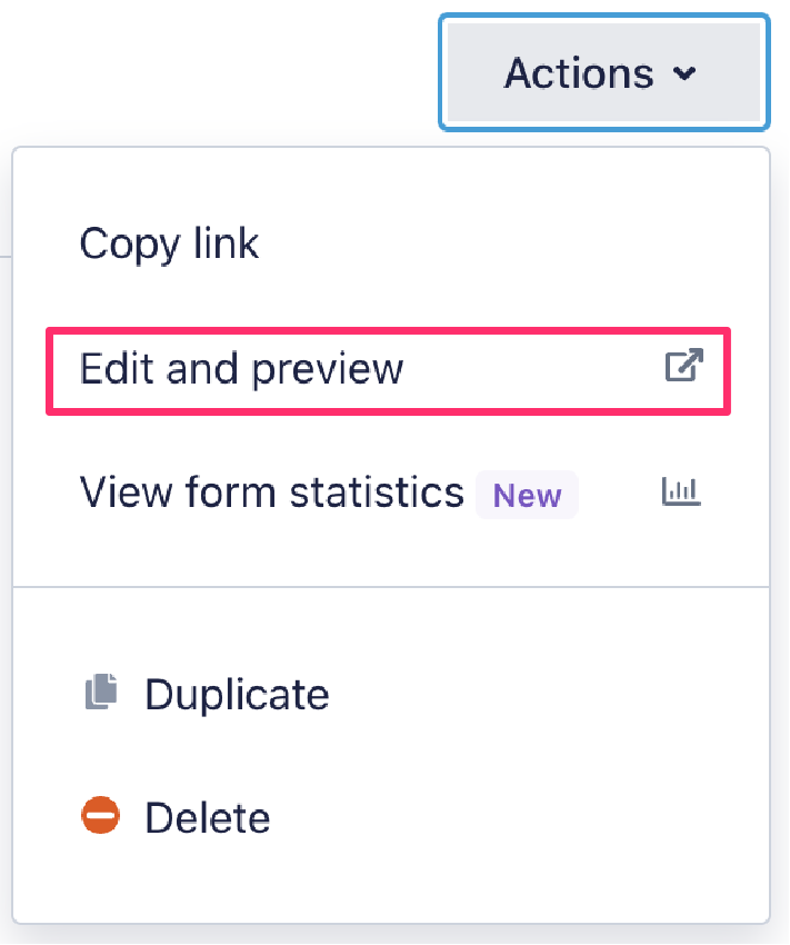 A screenshot of the Actions dropdown menu with a box around the Edit and preview option.